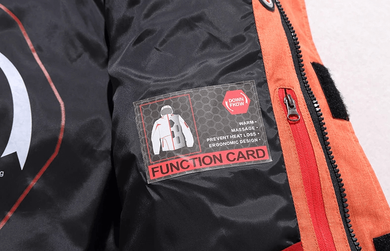 Close-up of SF2045 Men's Ski Suit showcasing windproof jacket interior with function card label for warmth and ergonomic design.